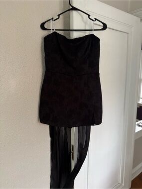 Lulu's Black Strapless Jumpsuit with Sheer Drape